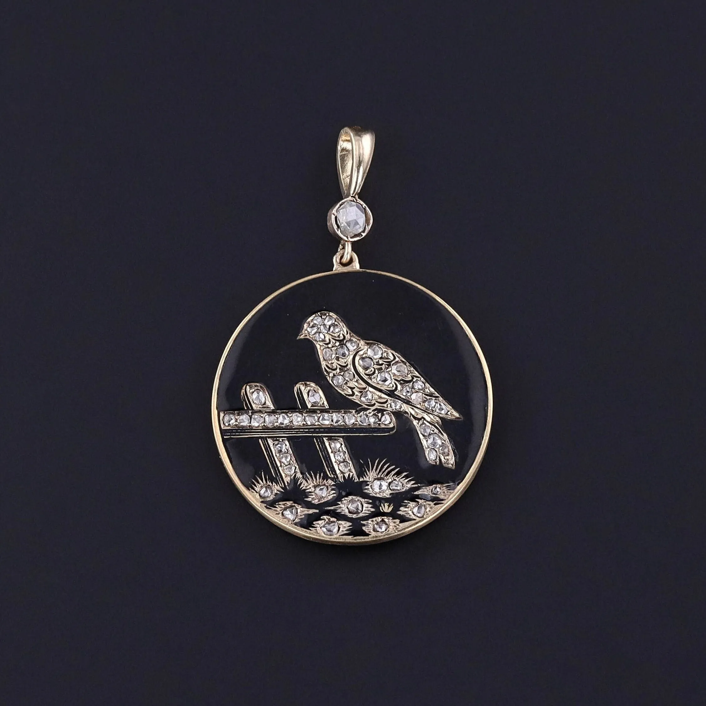 Antique Diamond & Enamel Bird Pendant of 14k Gold