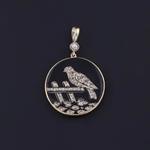 Antique Diamond & Enamel Bird Pendant of 14k Gold