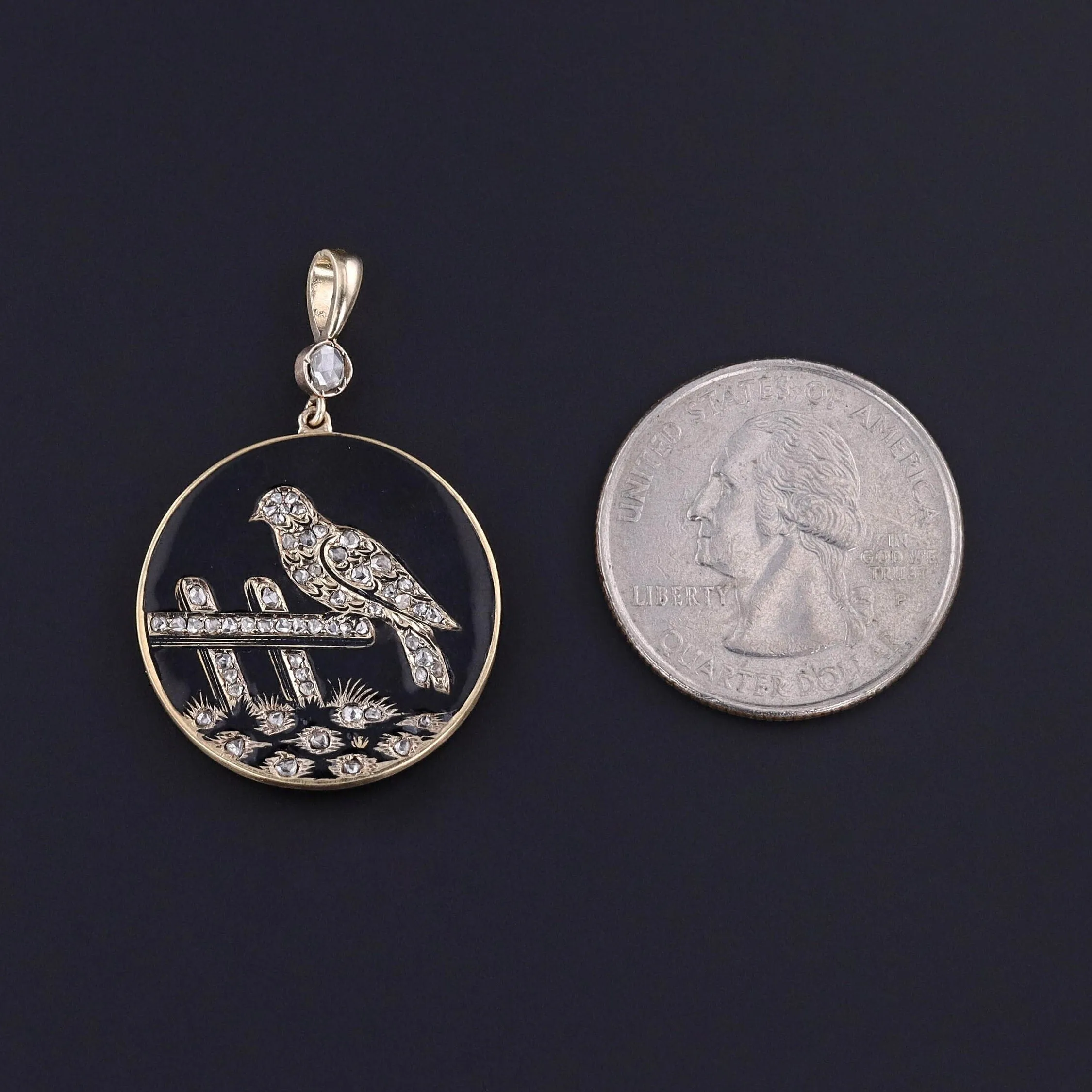 Antique Diamond & Enamel Bird Pendant of 14k Gold