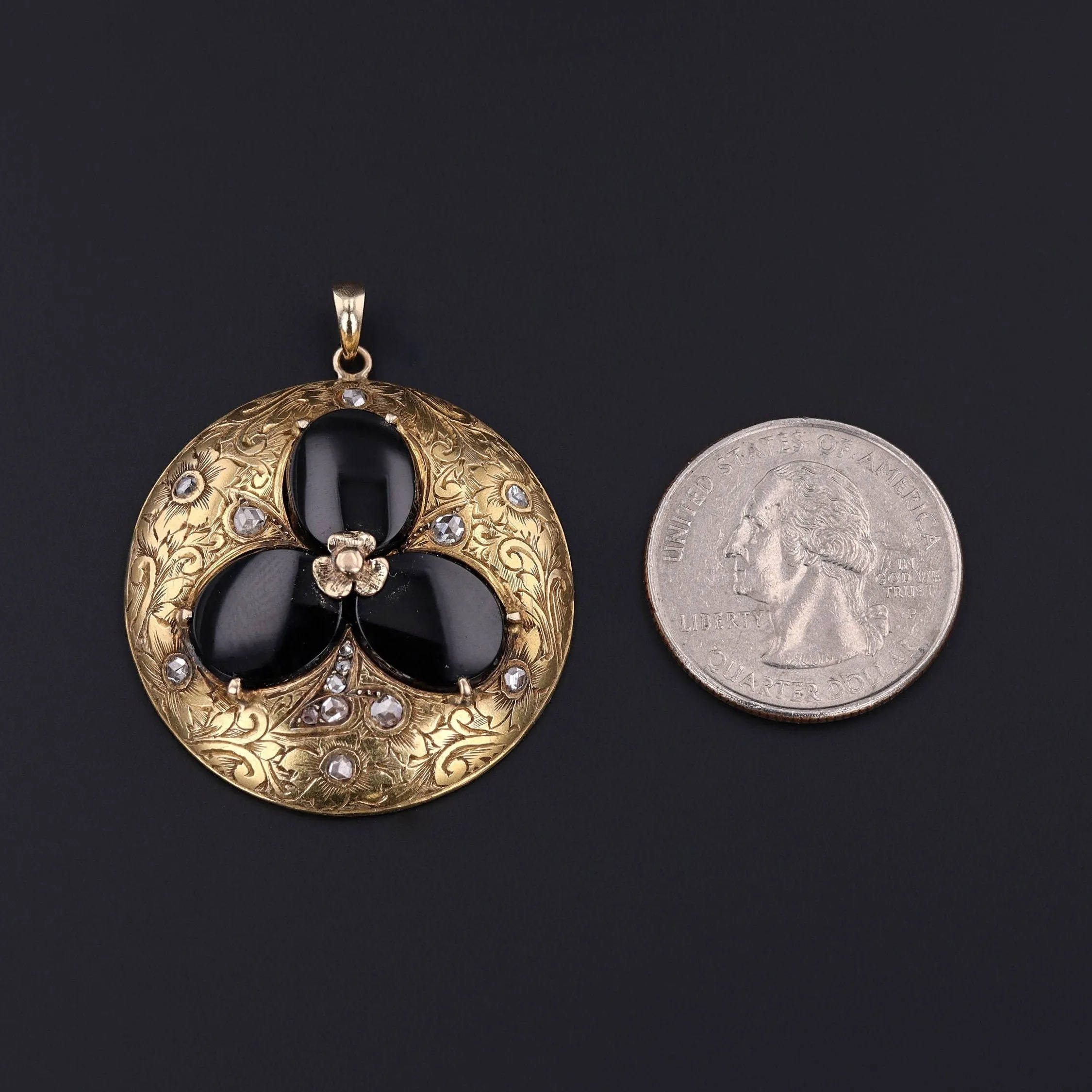 Antique Onyx and Diamond Pendant of 14k Gold