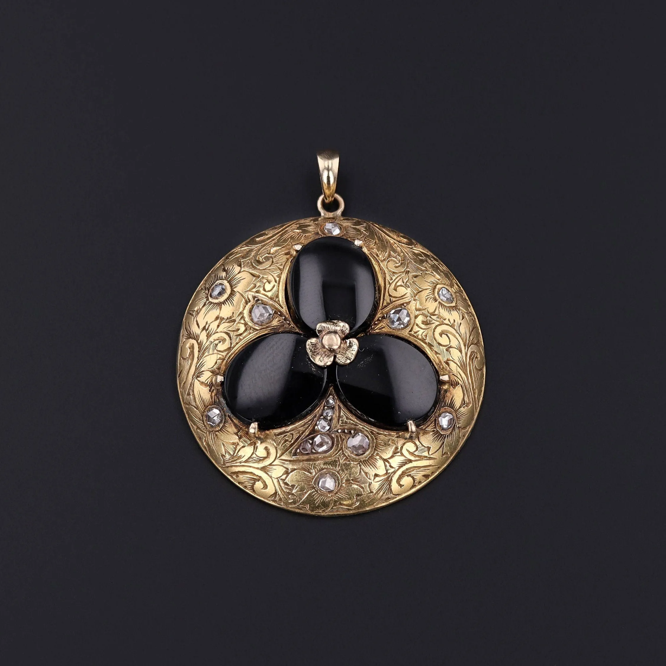 Antique Onyx and Diamond Pendant of 14k Gold