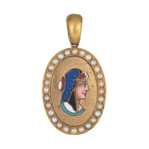 Antique Victorian Egyptian Revival Cleopatra Pendant 18k Yellow Gold Enamel