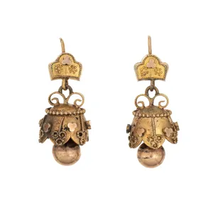 Antique Victorian Etruscan Revival Earrings Bell Drop Vintage 10k Yellow Gold