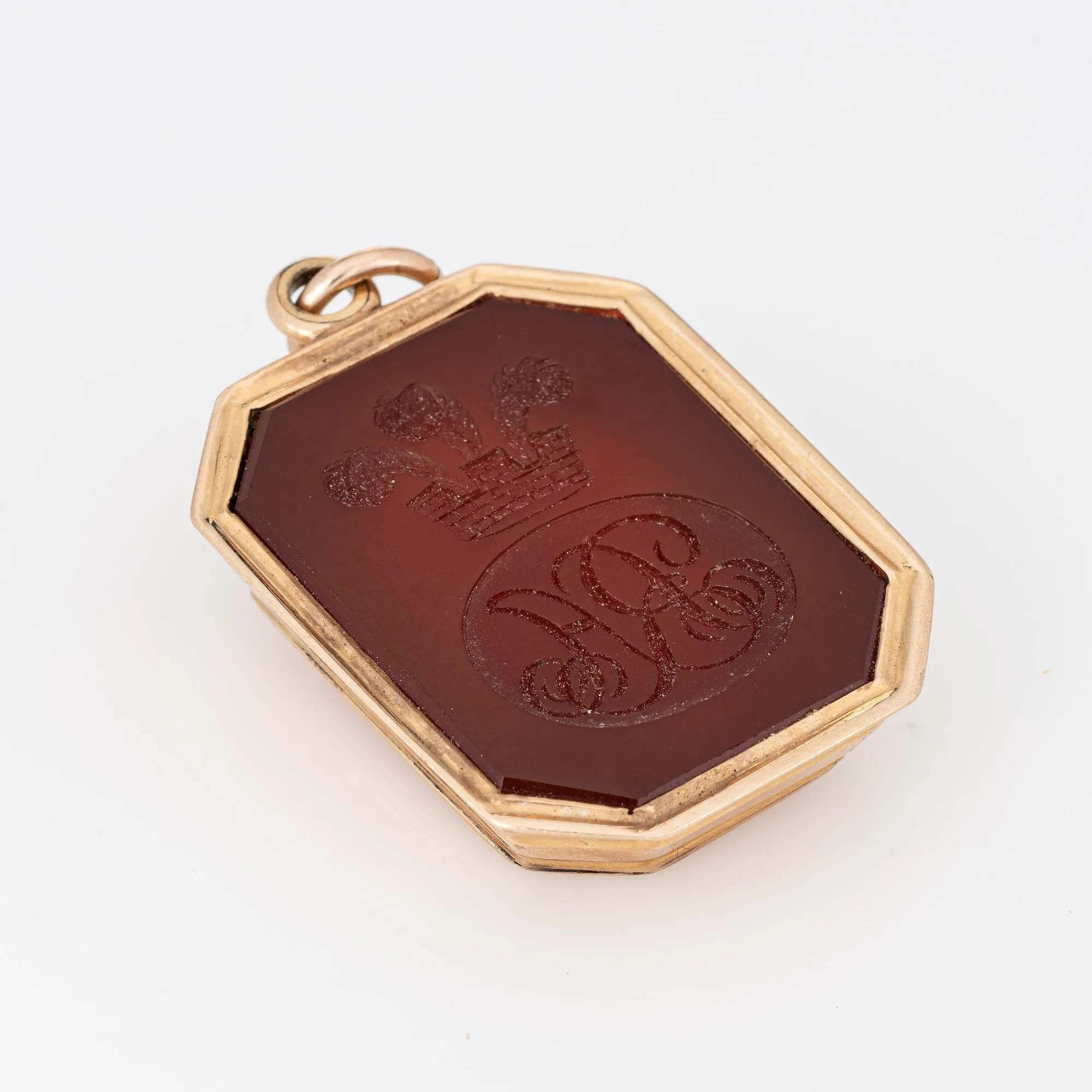 Antique Victorian Intaglio Pendant Carnelian Three Feathers 14k Gold Seal