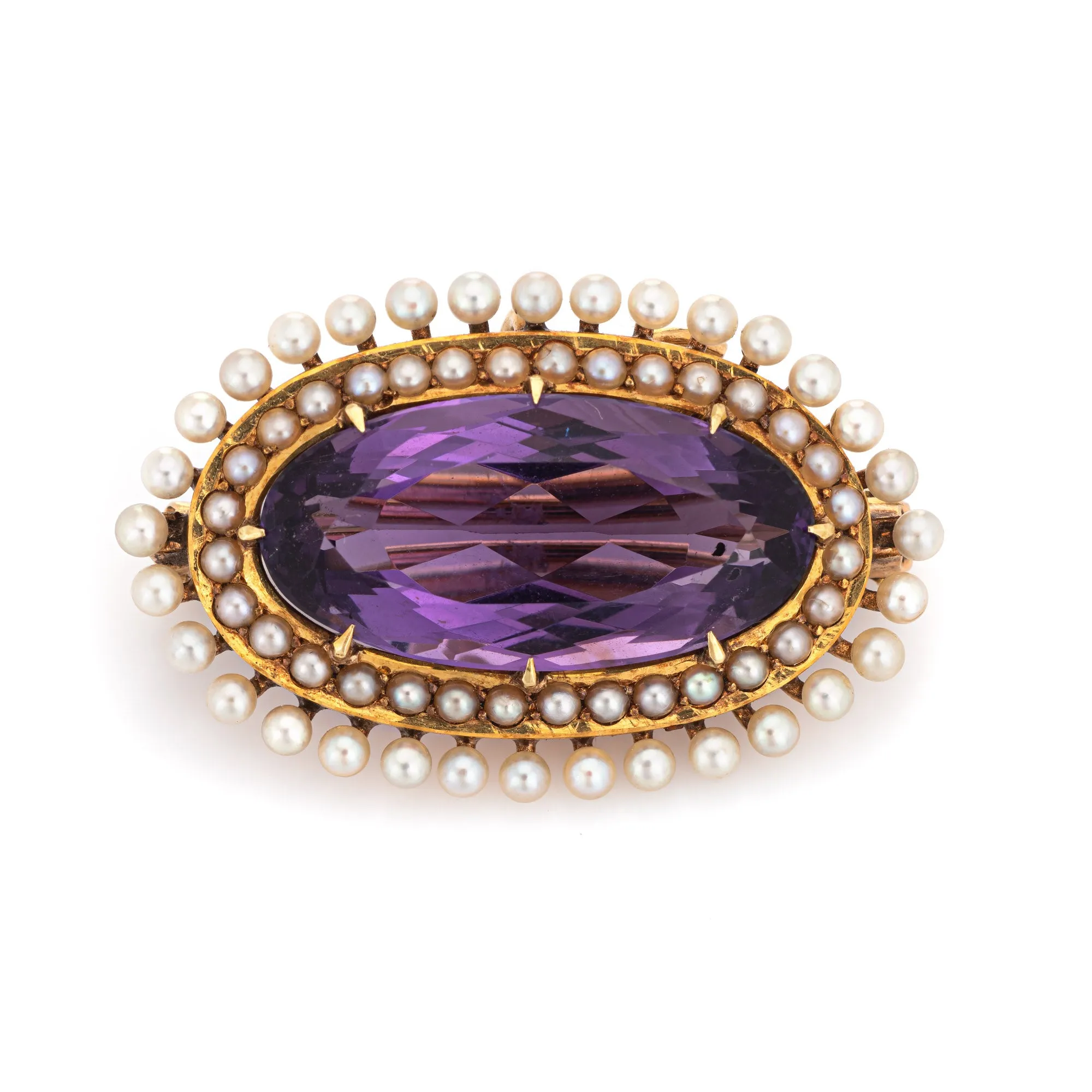 Antique Victorian Krementz Amethyst Pearl Pendant Brooch 14k Yellow Gold Jewelry