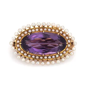 Antique Victorian Krementz Amethyst Pearl Pendant Brooch 14k Yellow Gold Jewelry