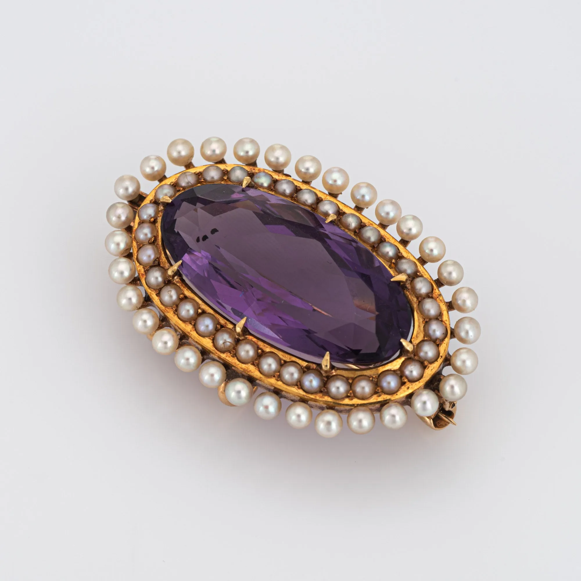 Antique Victorian Krementz Amethyst Pearl Pendant Brooch 14k Yellow Gold Jewelry