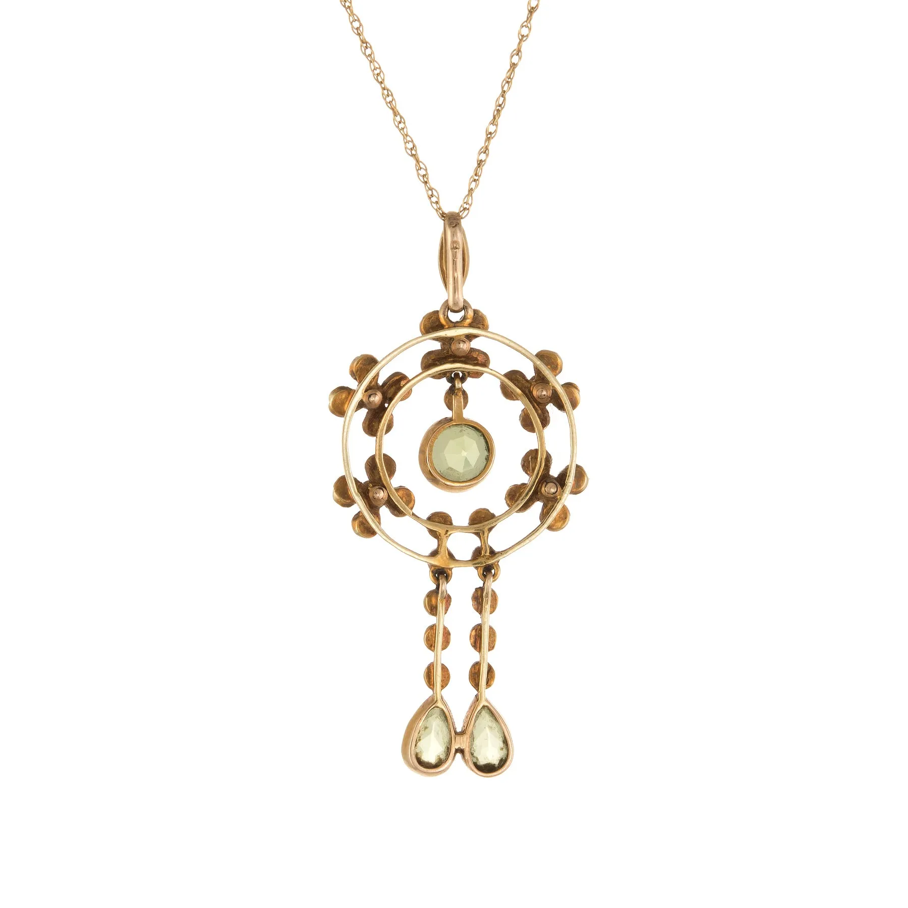 Antique Victorian Lavaliere Pendant Peridot Seed Pearl Necklace 15k Yellow Gold