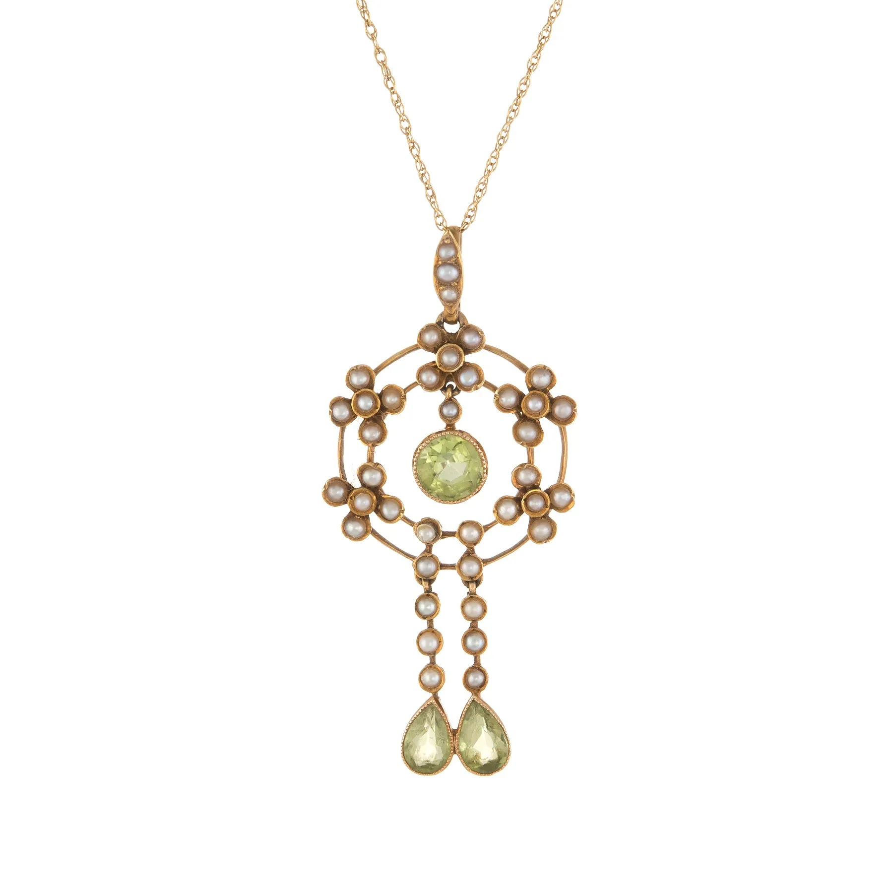 Antique Victorian Lavaliere Pendant Peridot Seed Pearl Necklace 15k Yellow Gold