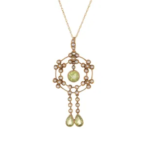 Antique Victorian Lavaliere Pendant Peridot Seed Pearl Necklace 15k Yellow Gold