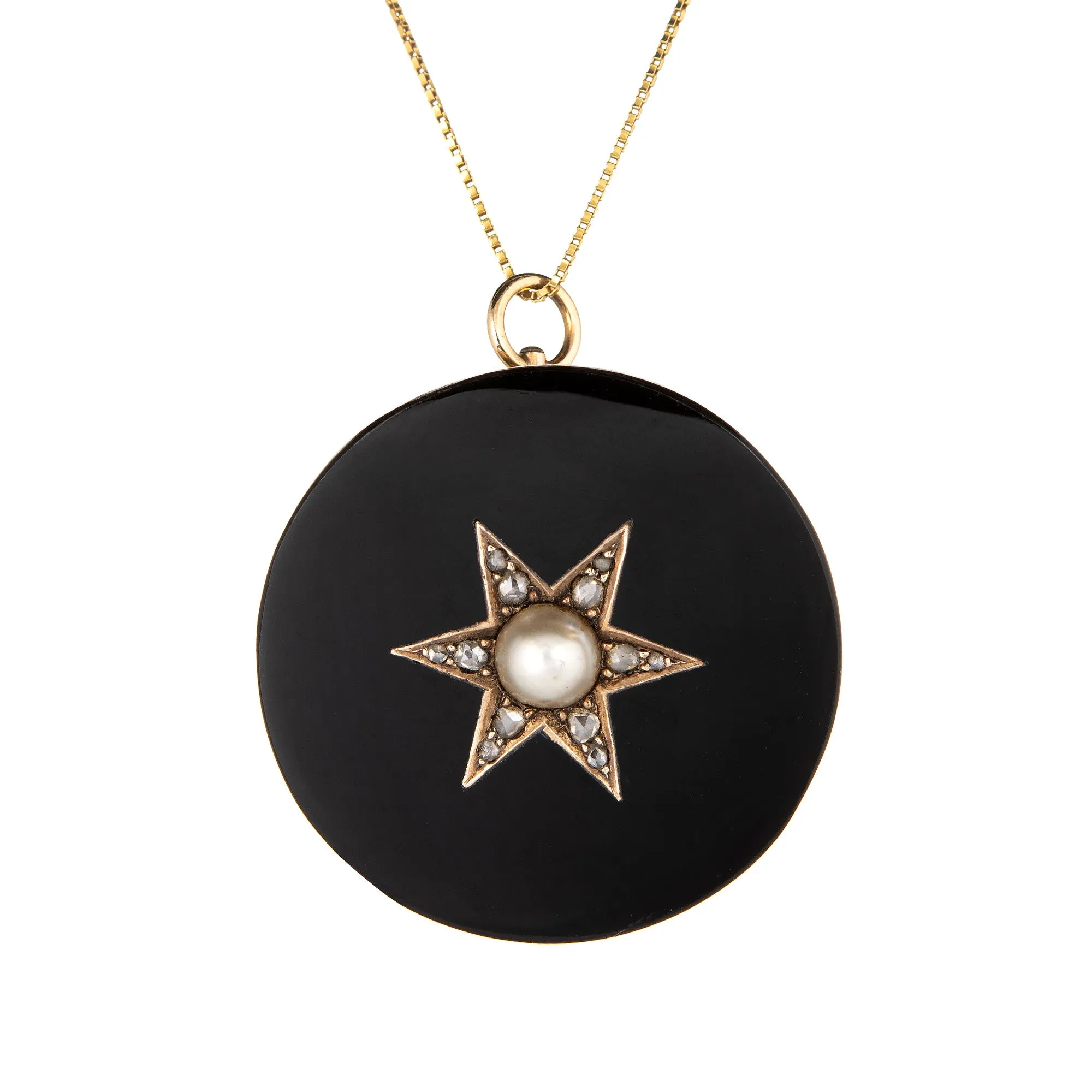 Antique Victorian Star Pendant Onyx Diamond Pearl Vintage 14k Yellow Gold Fine