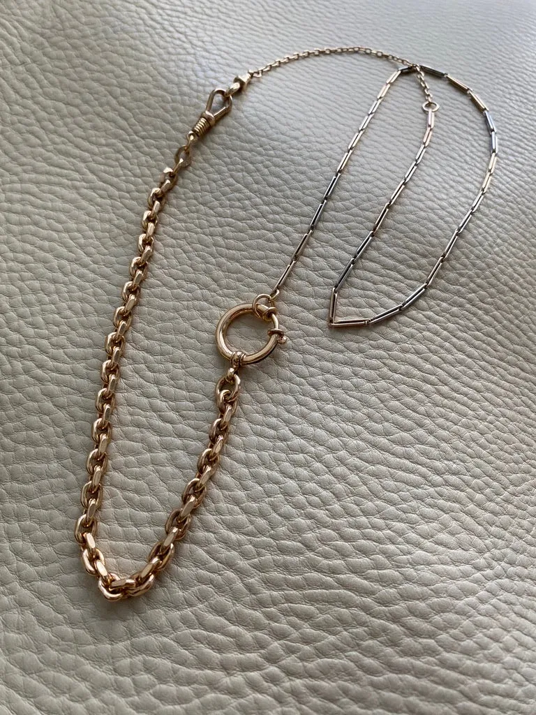 Antique Watch Chain - 14k gold with 18k large bolt clasp- 10 inch length