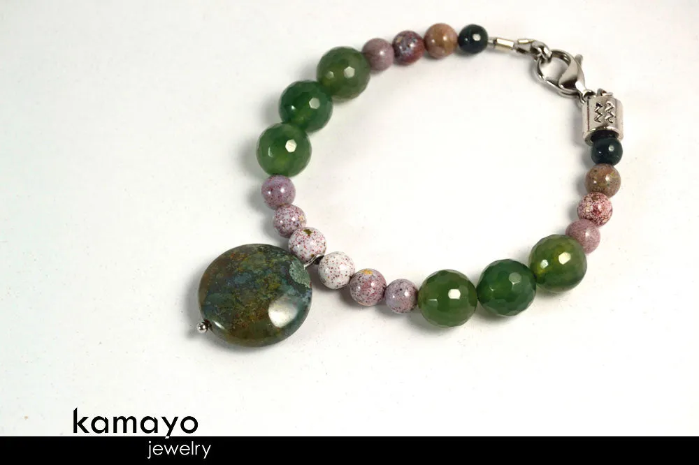 AQUARIUS BRACELET - Green Moss Agate Pendant and Mookaite Jasper Beads