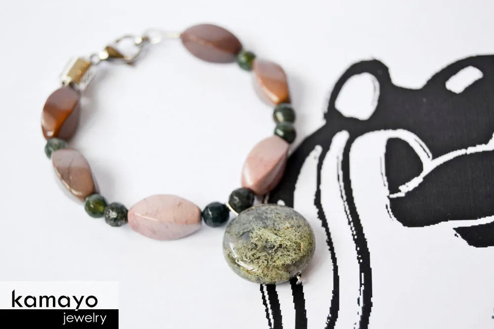 AQUARIUS JEWELRY SET - Women's Choker and Bracelet with Moss Agate Pendants and Jasper Beads