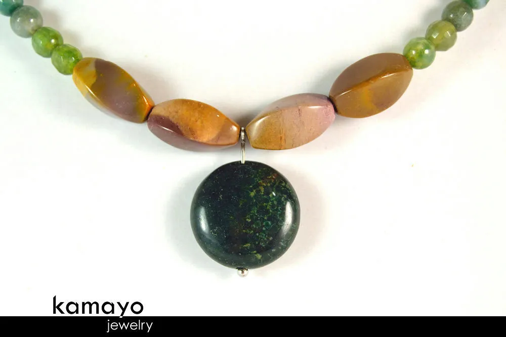AQUARIUS JEWELRY SET - Women's Choker and Bracelet with Moss Agate Pendants and Jasper Beads