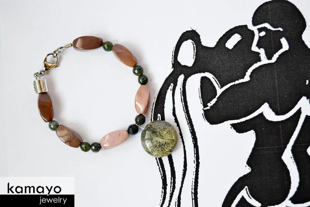 AQUARIUS JEWELRY SET - Women's Choker and Bracelet with Moss Agate Pendants and Jasper Beads