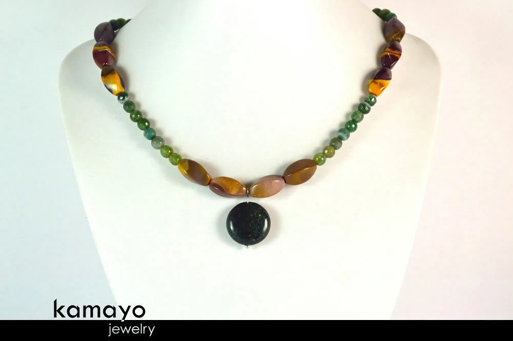 AQUARIUS JEWELRY SET - Women's Choker and Bracelet with Moss Agate Pendants and Jasper Beads
