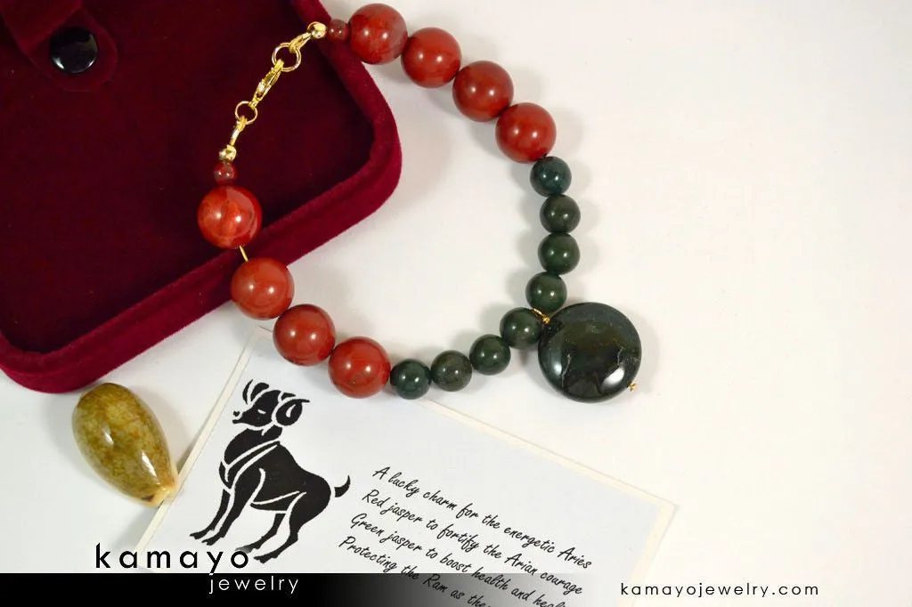 ARIES BRACELET - Coin Green Jasper Pendant and Red Jasper Beads