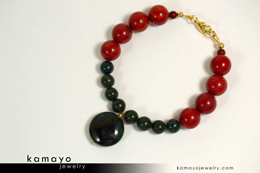 ARIES BRACELET - Coin Green Jasper Pendant and Red Jasper Beads