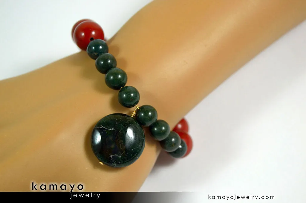 ARIES BRACELET - Coin Green Jasper Pendant and Red Jasper Beads