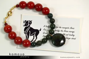 ARIES BRACELET - Coin Green Jasper Pendant and Red Jasper Beads
