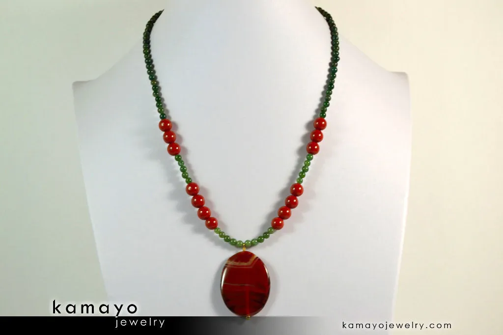 ARIES NECKLACE - Large Oval Red Jasper Pendant and Green Jasper Beads