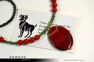 ARIES NECKLACE - Large Oval Red Jasper Pendant and Green Jasper Beads