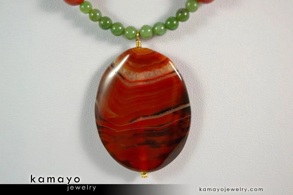 ARIES NECKLACE - Large Oval Red Jasper Pendant and Green Jasper Beads