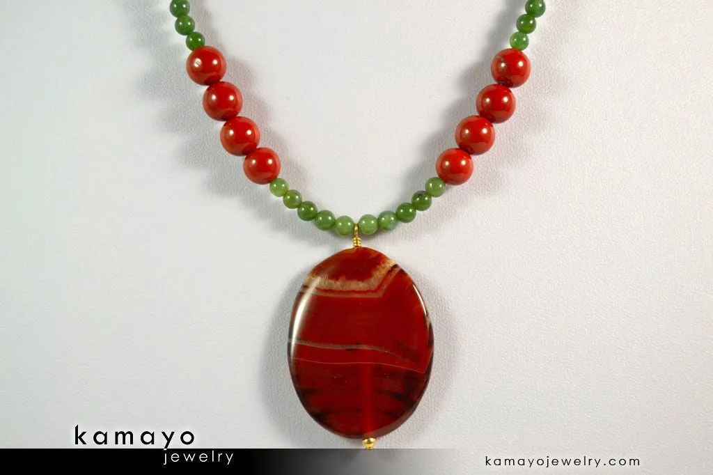 ARIES NECKLACE - Large Oval Red Jasper Pendant and Green Jasper Beads