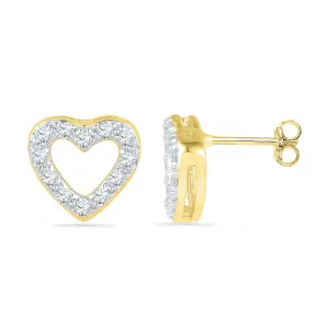 Beautiful Round Diamond Heart Outline Screwback Earrings 1/8 CTTW in 10K Yellow Gold