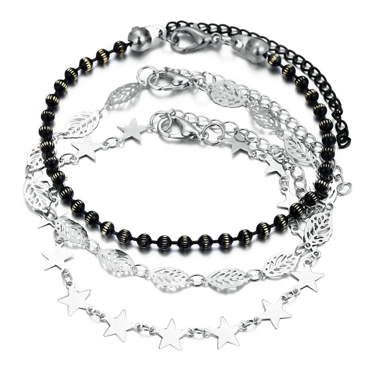 Black Acrylic & Silver-Plated Star Station Anklet Set