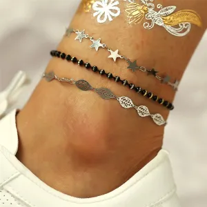 Black Acrylic & Silver-Plated Star Station Anklet Set