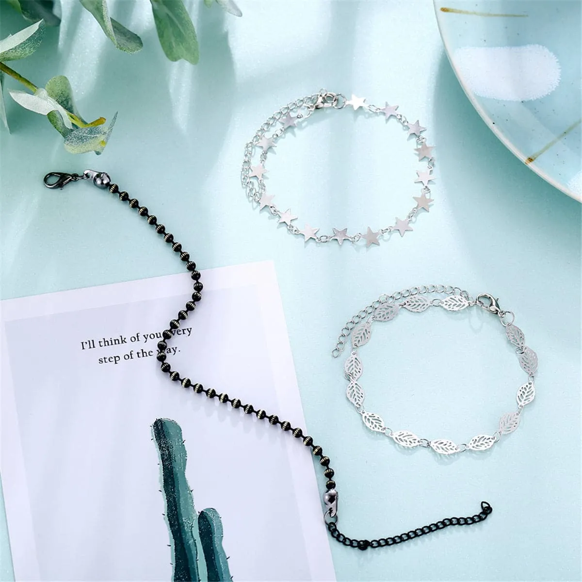 Black Acrylic & Silver-Plated Star Station Anklet Set