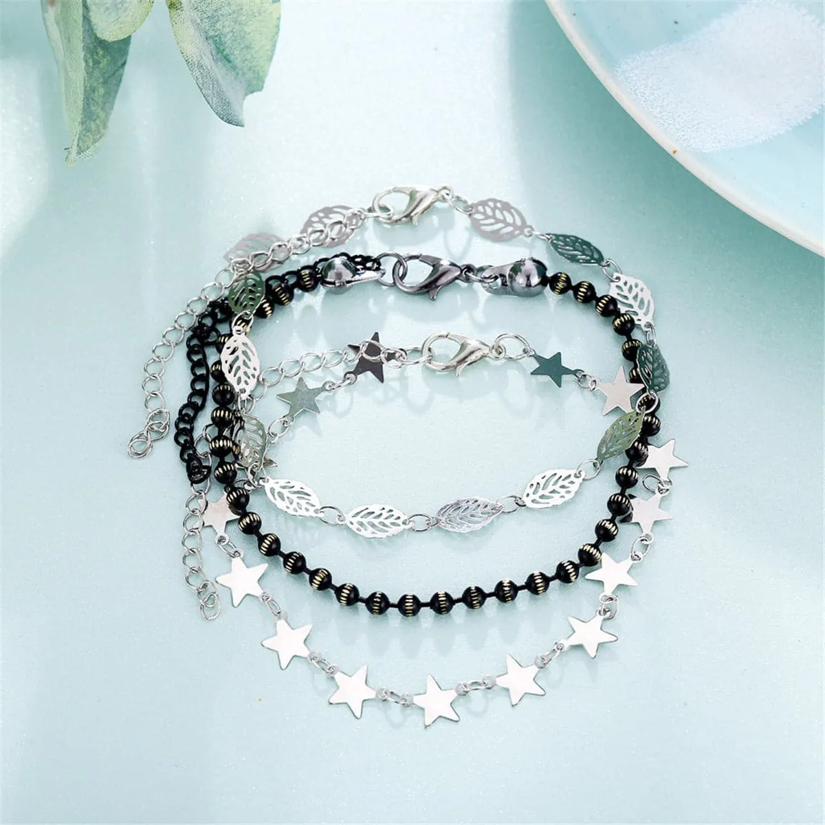 Black Acrylic & Silver-Plated Star Station Anklet Set