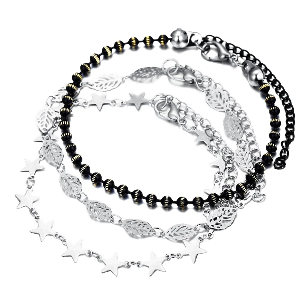 Black Acrylic & Silver-Plated Star Station Anklet Set