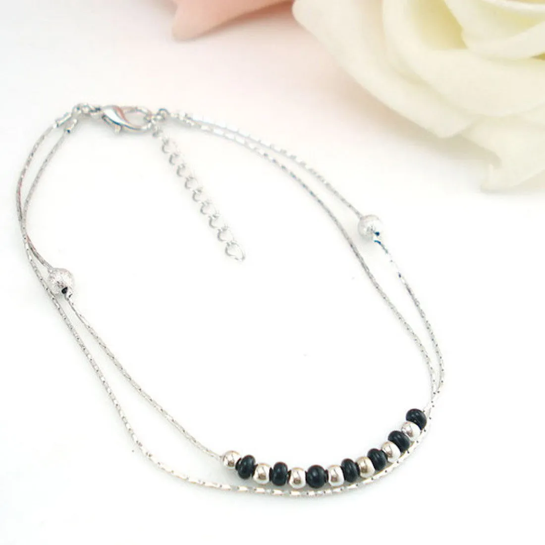 Black & Silver Beaded Layered Anklet