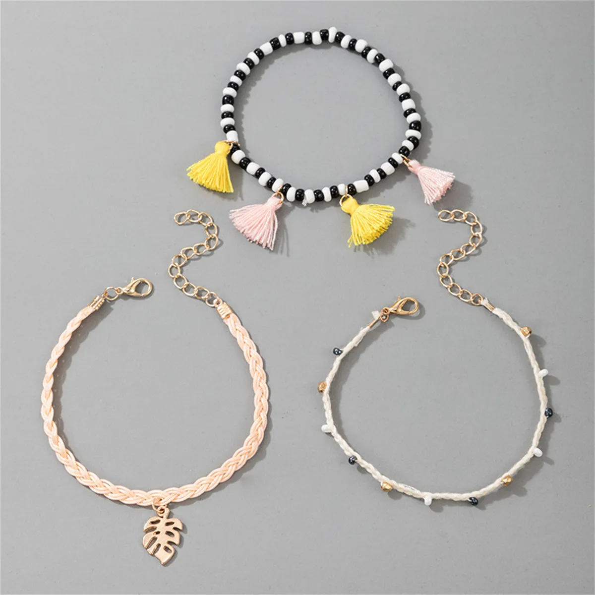 Black & White Howlite Leaf Tassel Charm Anklet Set
