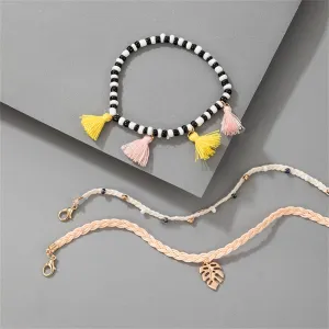 Black & White Howlite Leaf Tassel Charm Anklet Set