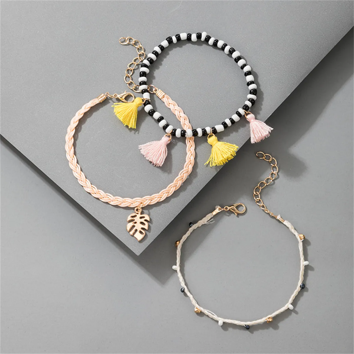 Black & White Howlite Leaf Tassel Charm Anklet Set