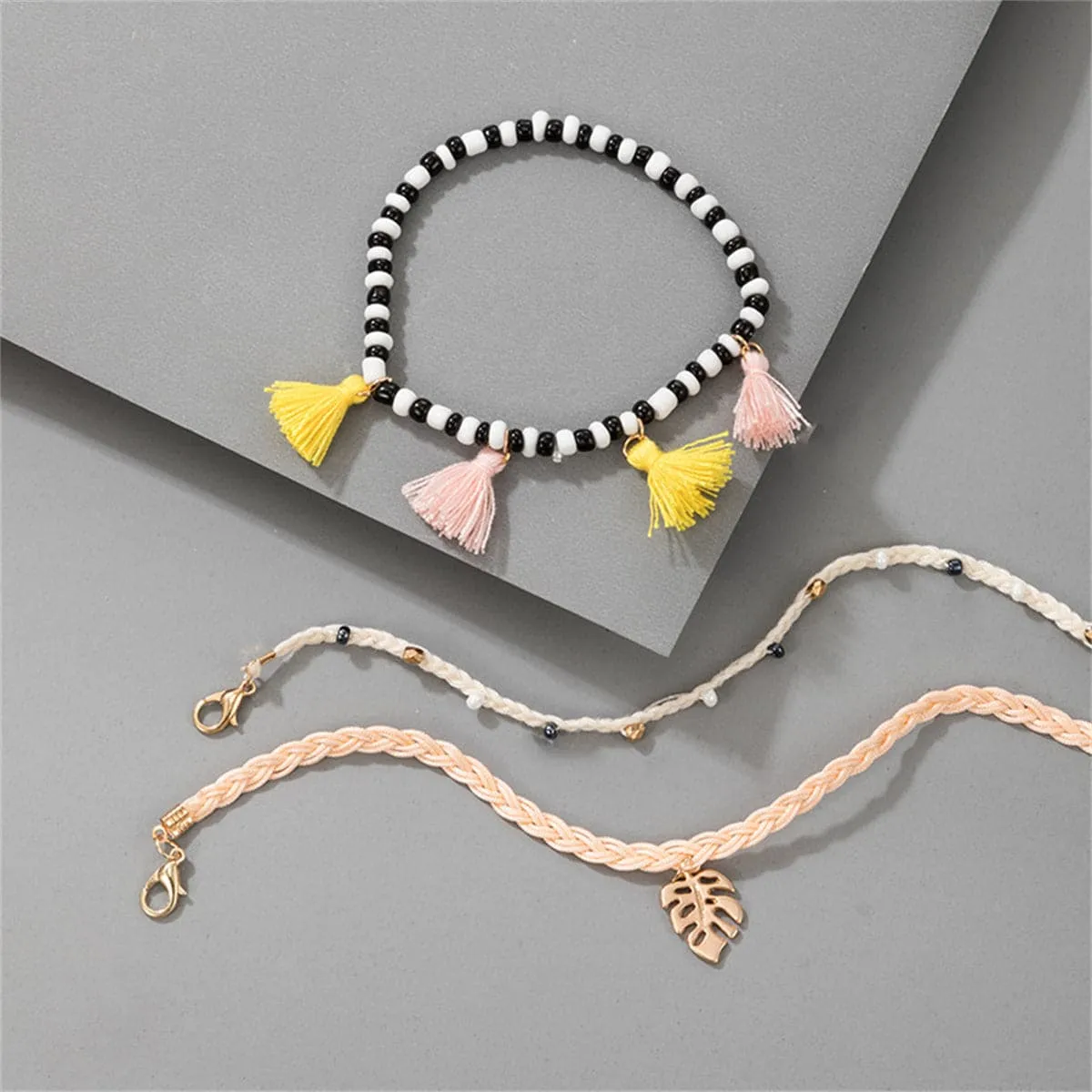 Black & White Howlite Leaf Tassel Charm Anklet Set