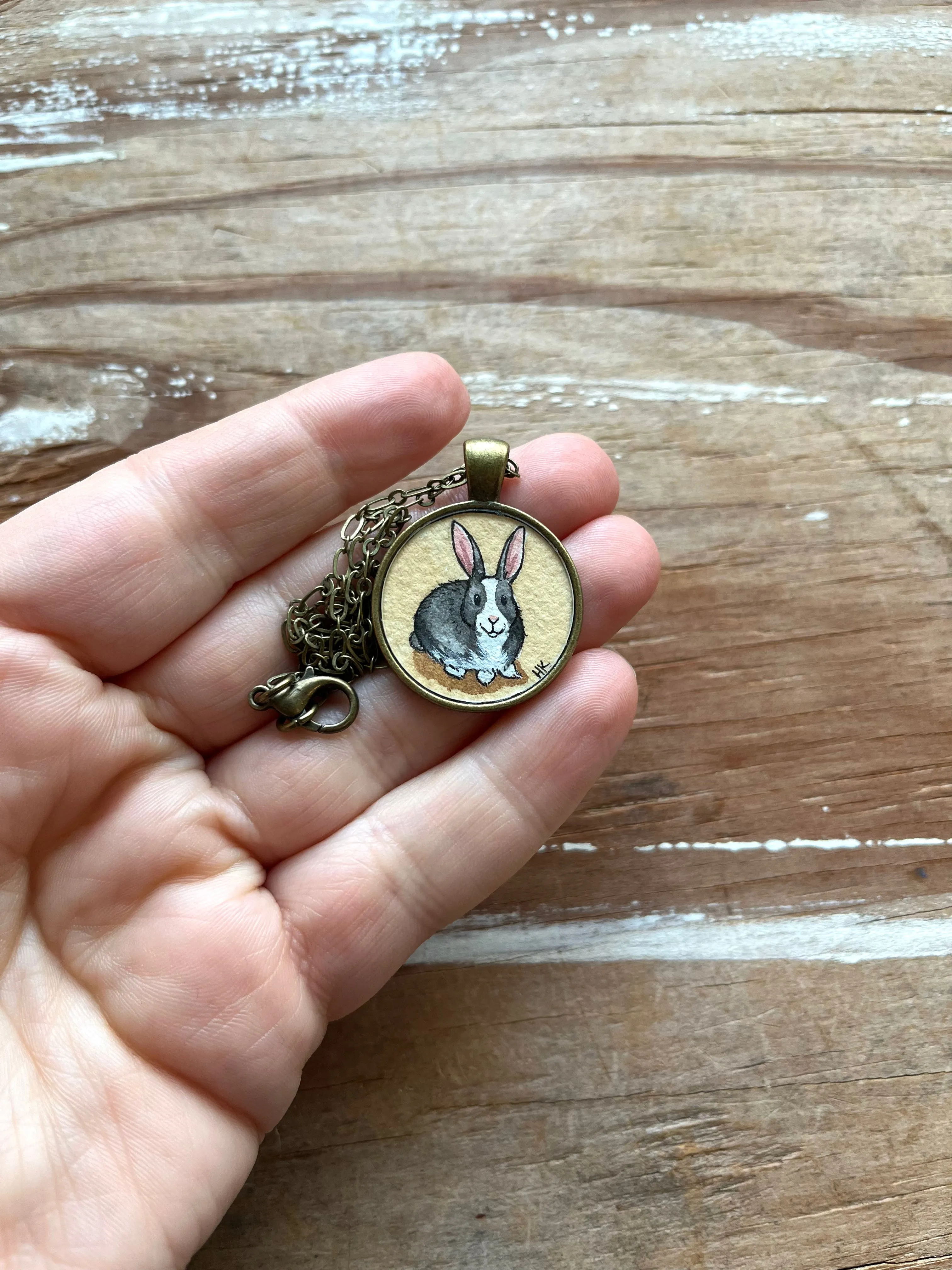 Black and White Bunny Necklace - Original Hand Painted Necklace
