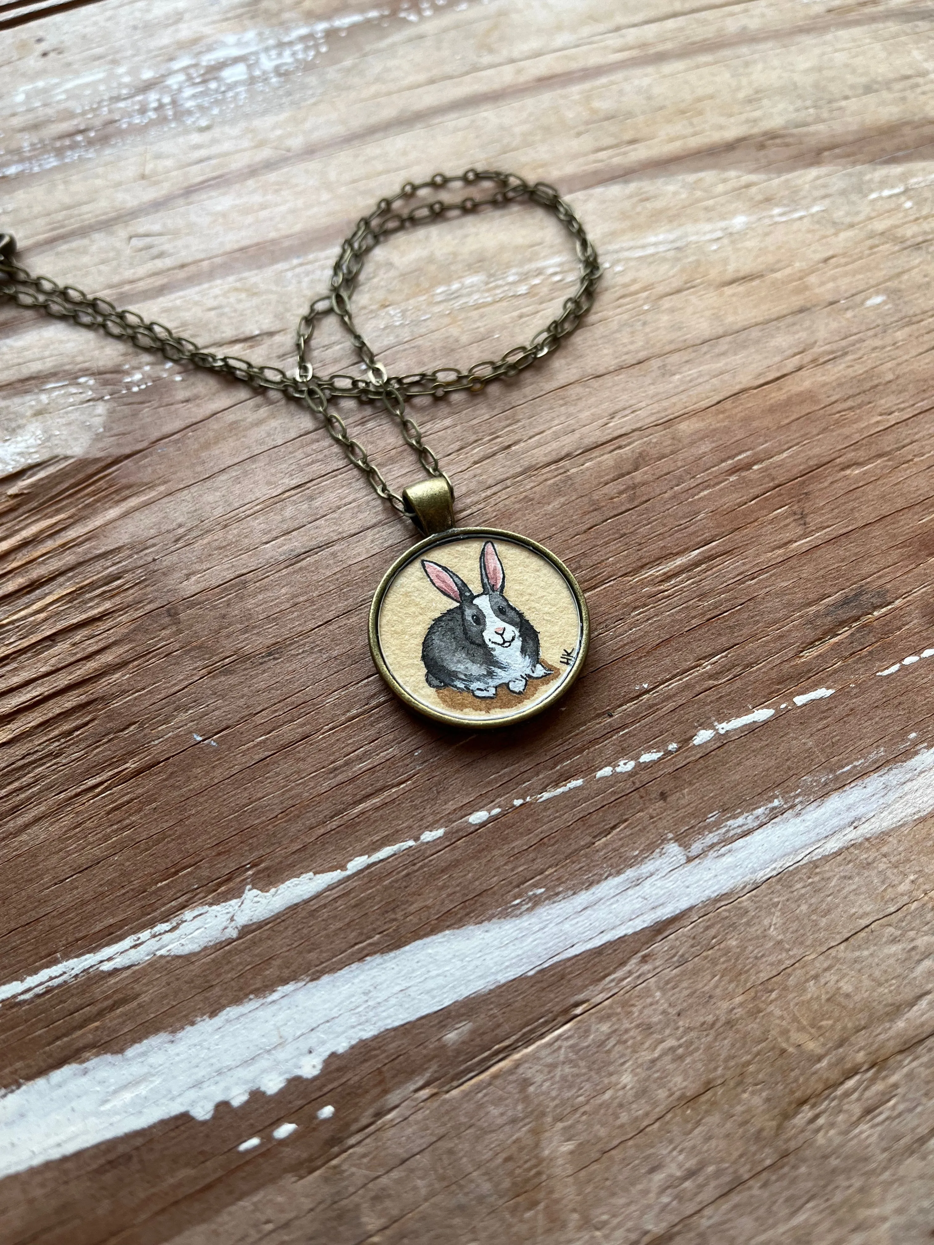 Black and White Bunny Necklace - Original Hand Painted Necklace