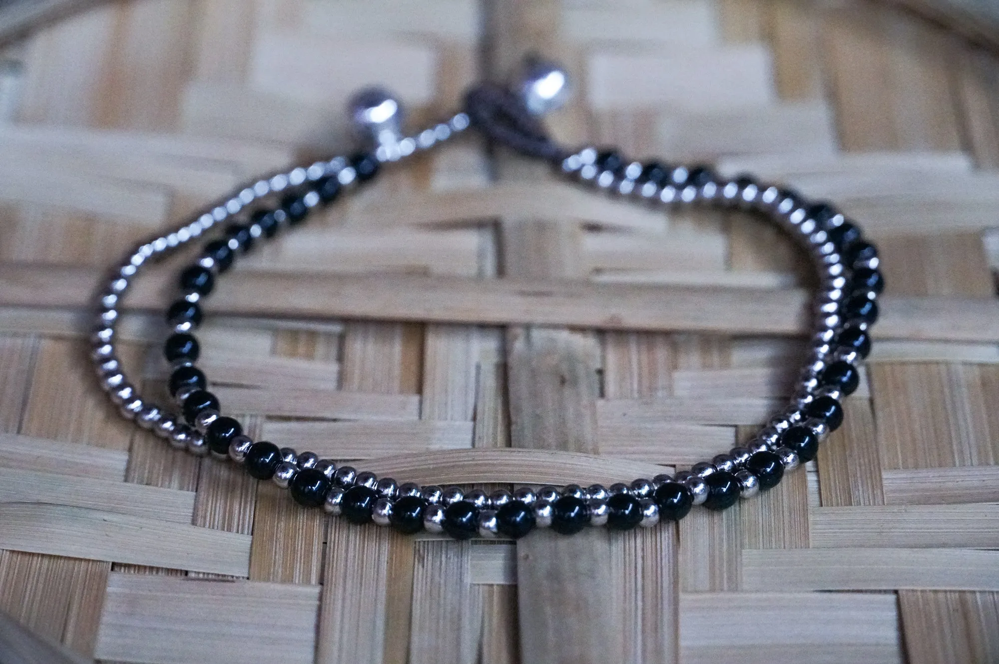 Black Onyx Beaded Boho Silver Anklet