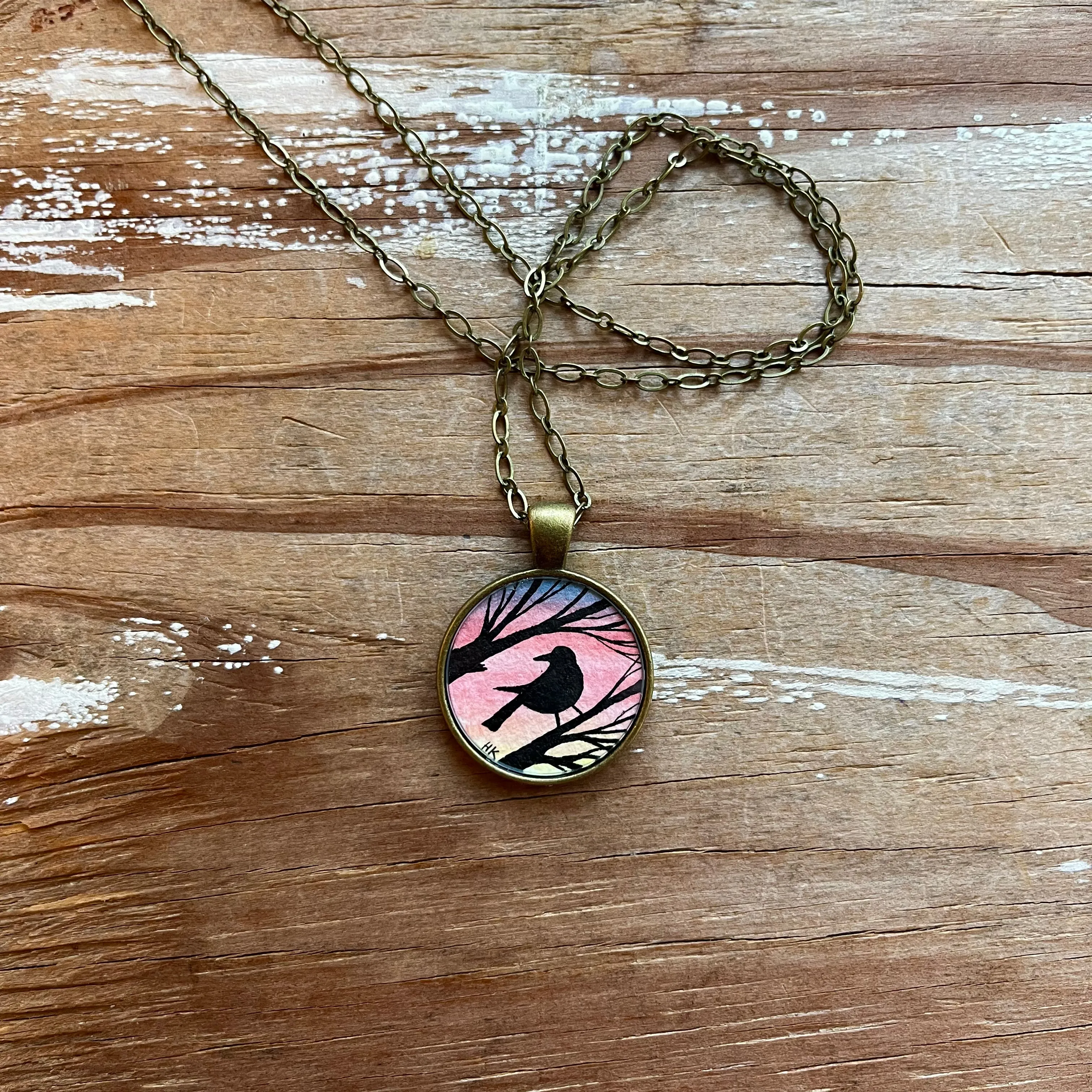 Blackbird Silhouette by Sunset, Watercolor Hand Painted Necklace, Original Art Pendant