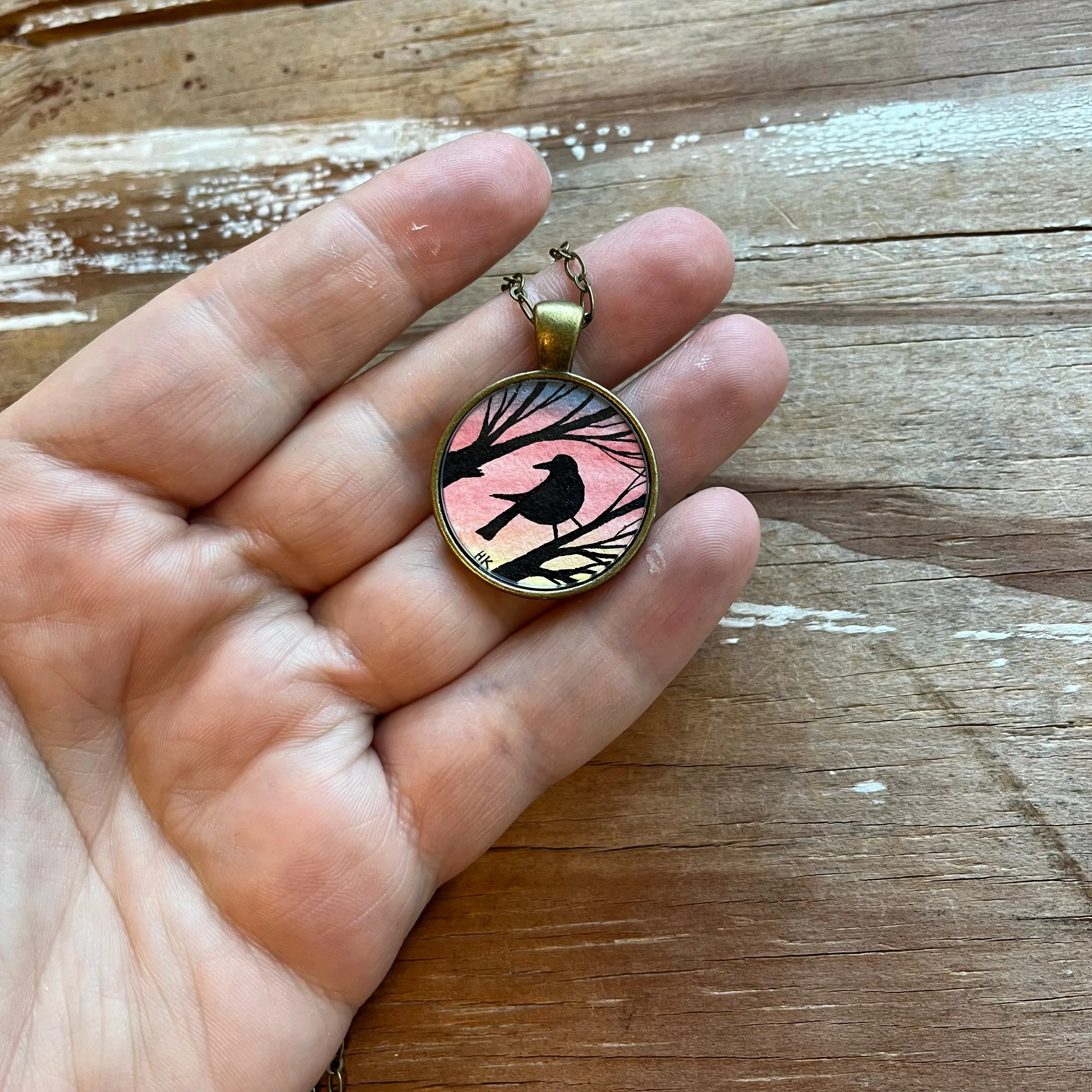 Blackbird Silhouette by Sunset, Watercolor Hand Painted Necklace, Original Art Pendant
