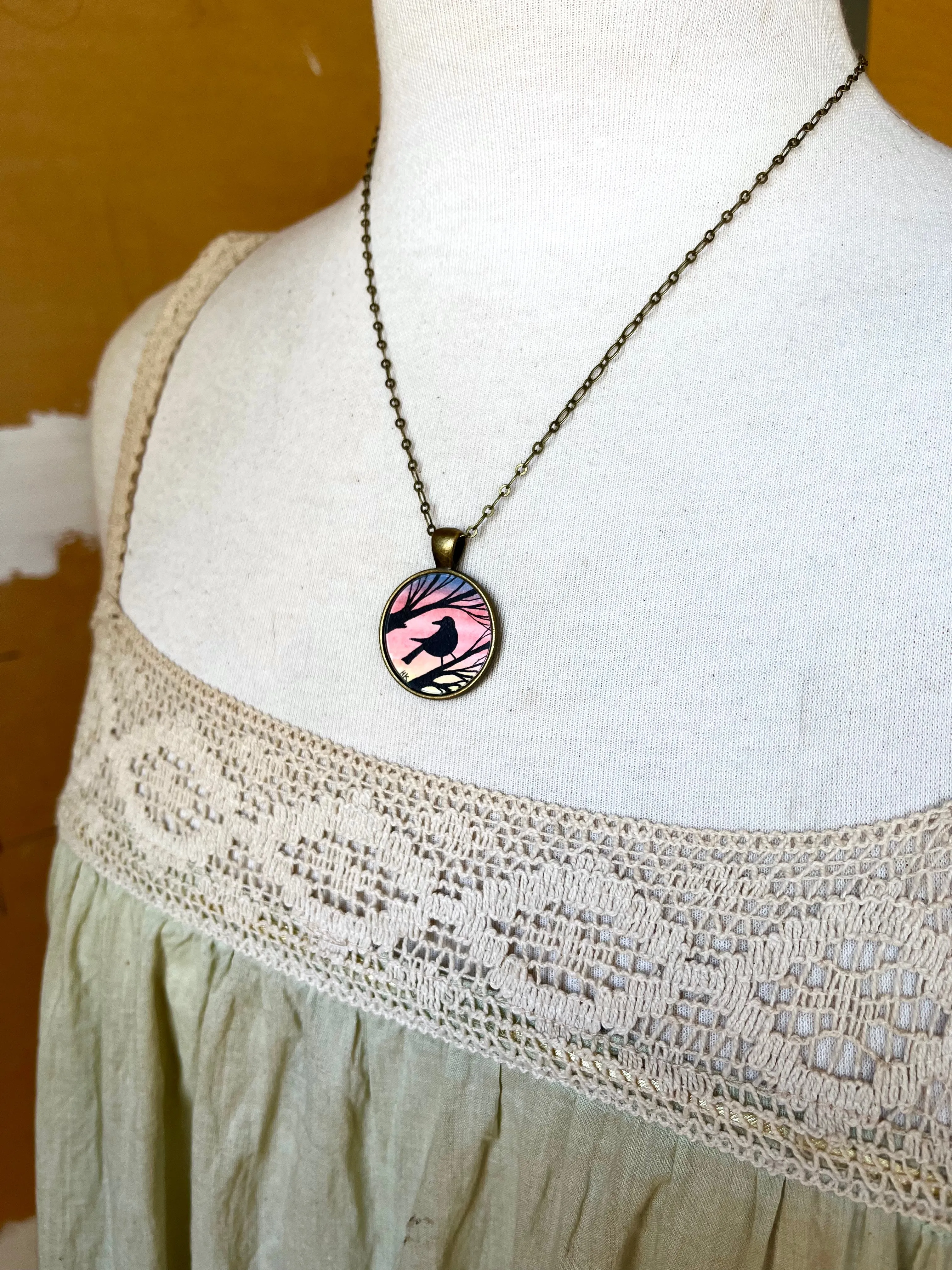 Blackbird Silhouette by Sunset, Watercolor Hand Painted Necklace, Original Art Pendant
