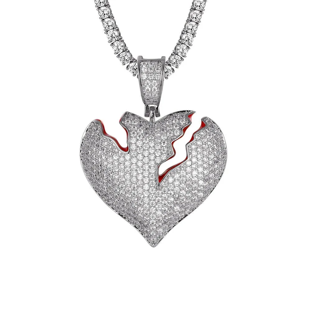 Bling Broken Love Heart Red Enamel Silver Charm Free Chain