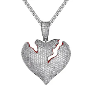 Bling Broken Love Heart Red Enamel Silver Charm Free Chain