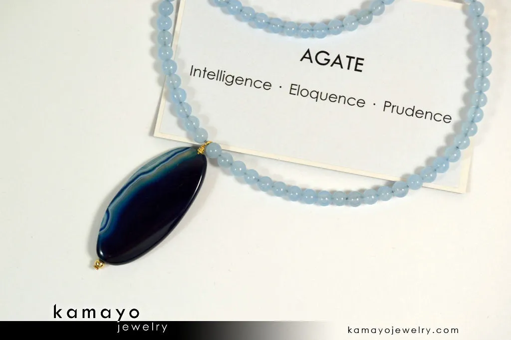 BLUE AGATE NECKLACE - Long Oval Blue Agate Pendant