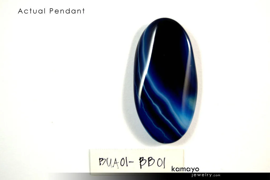 BLUE AGATE NECKLACE - Long Oval Blue Agate Pendant
